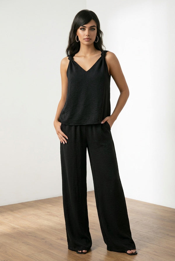 Black V Neck Knotted Shoulder Top