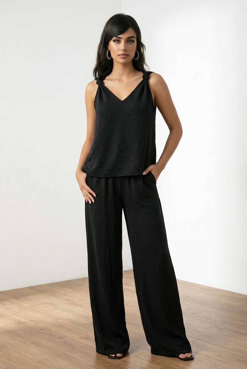 Black V Neck Knotted Shoulder Top