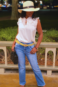 Ruffle Collared Front Tie Sleeveless Top