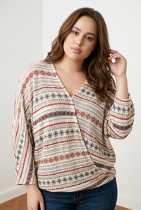 Plus Geometric Printed V-neckline Sweater Knit