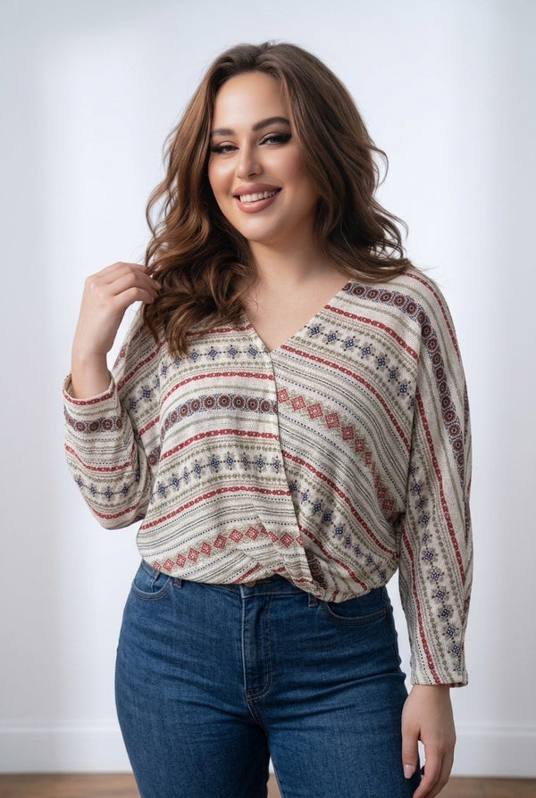 Plus Geometric Printed V-neckline Sweater Knit