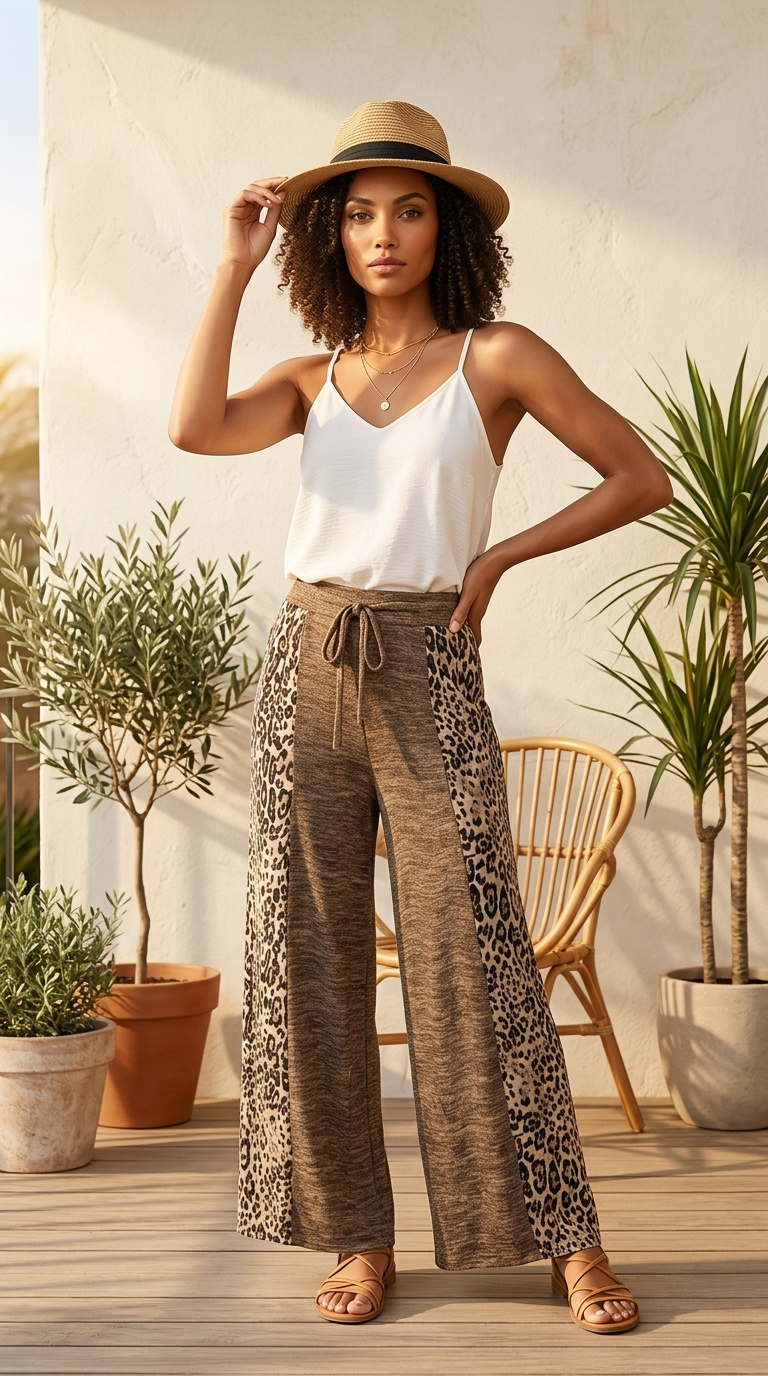Two Toned Leopard Print Wide leg Pants