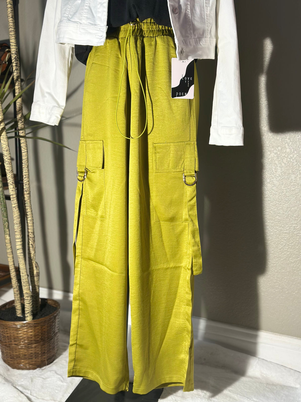 Acid Wash Satin Drawstring Cargo Pocket Pants