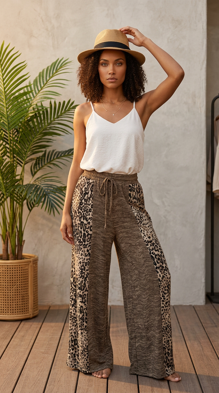 Two Toned Leopard Print Wide leg Pants