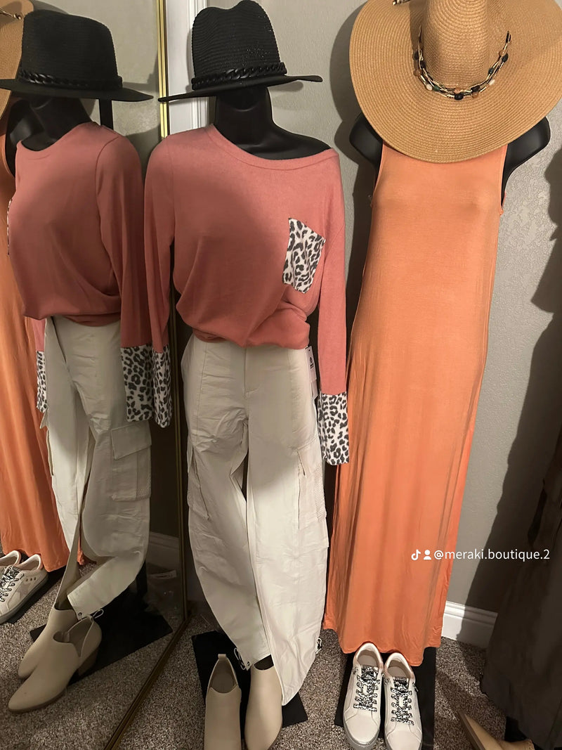 Brushed Hacci Leopard Color Block Pocket Top