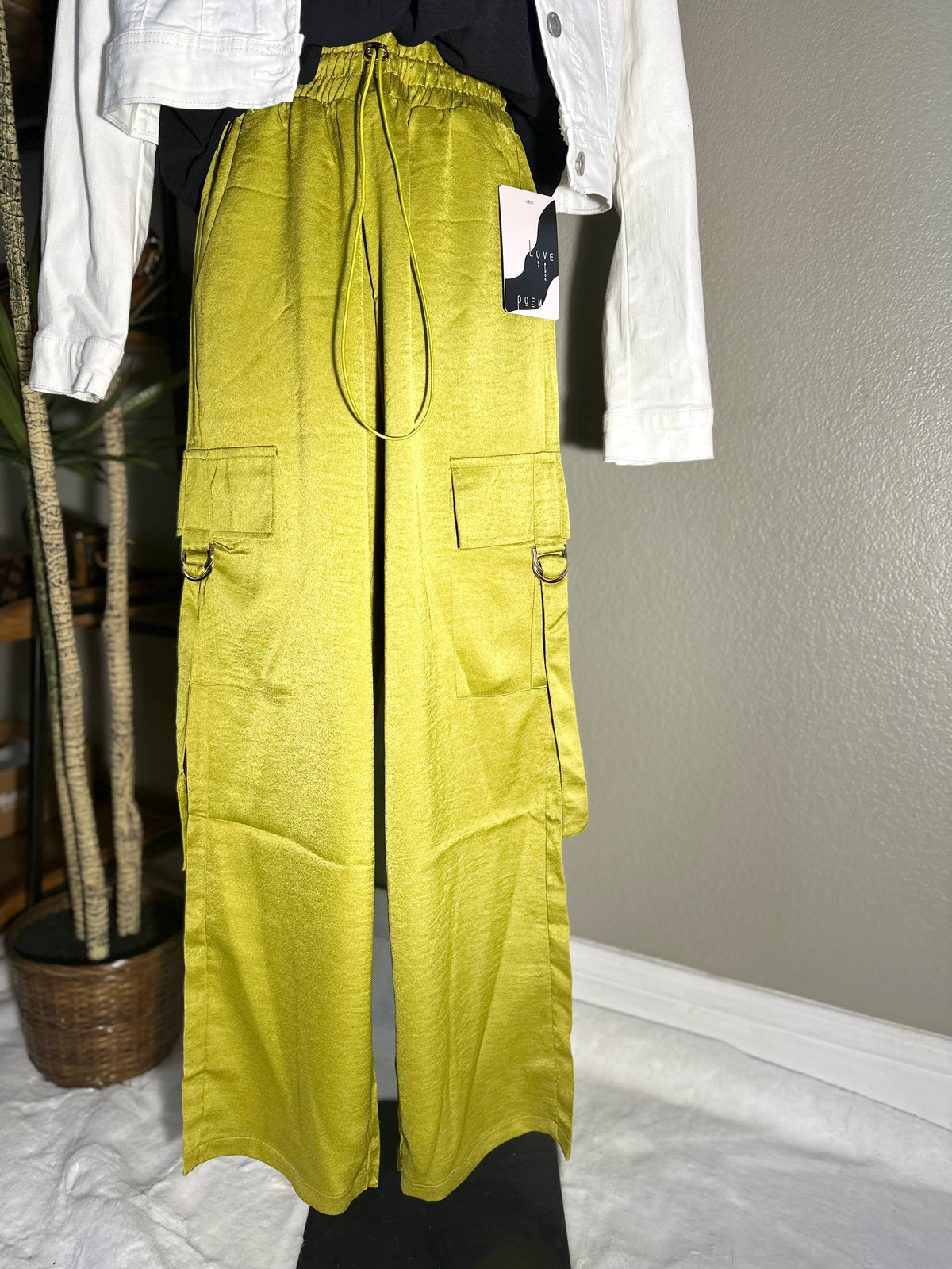 Acid Wash Satin Drawstring Cargo Pocket Pants