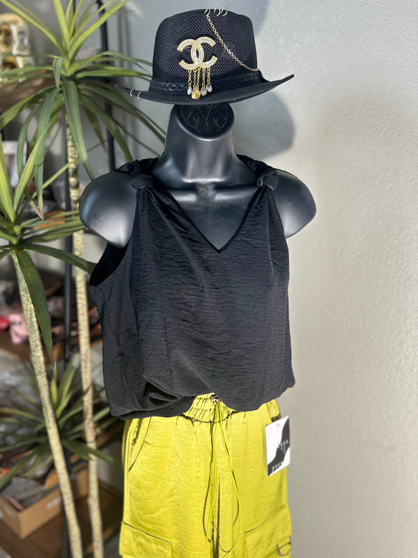 Black V Neck Knotted Shoulder Top