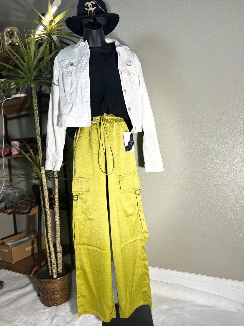 Acid Wash Satin Drawstring Cargo Pocket Pants