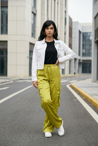 Acid Wash Satin Drawstring Cargo Pocket Pants