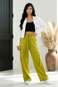Acid Wash Satin Drawstring Cargo Pocket Pants