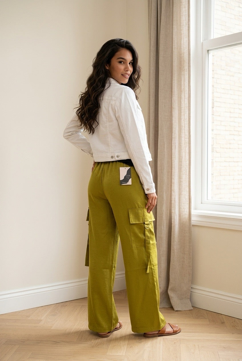 Acid Wash Satin Drawstring Cargo Pocket Pants