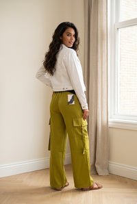 Acid Wash Satin Drawstring Cargo Pocket Pants