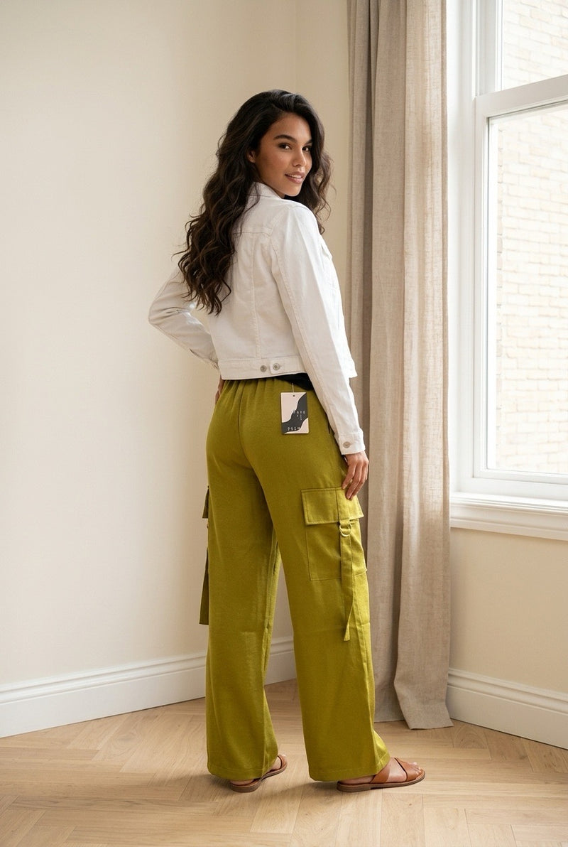 Acid Wash Satin Drawstring Cargo Pocket Pants