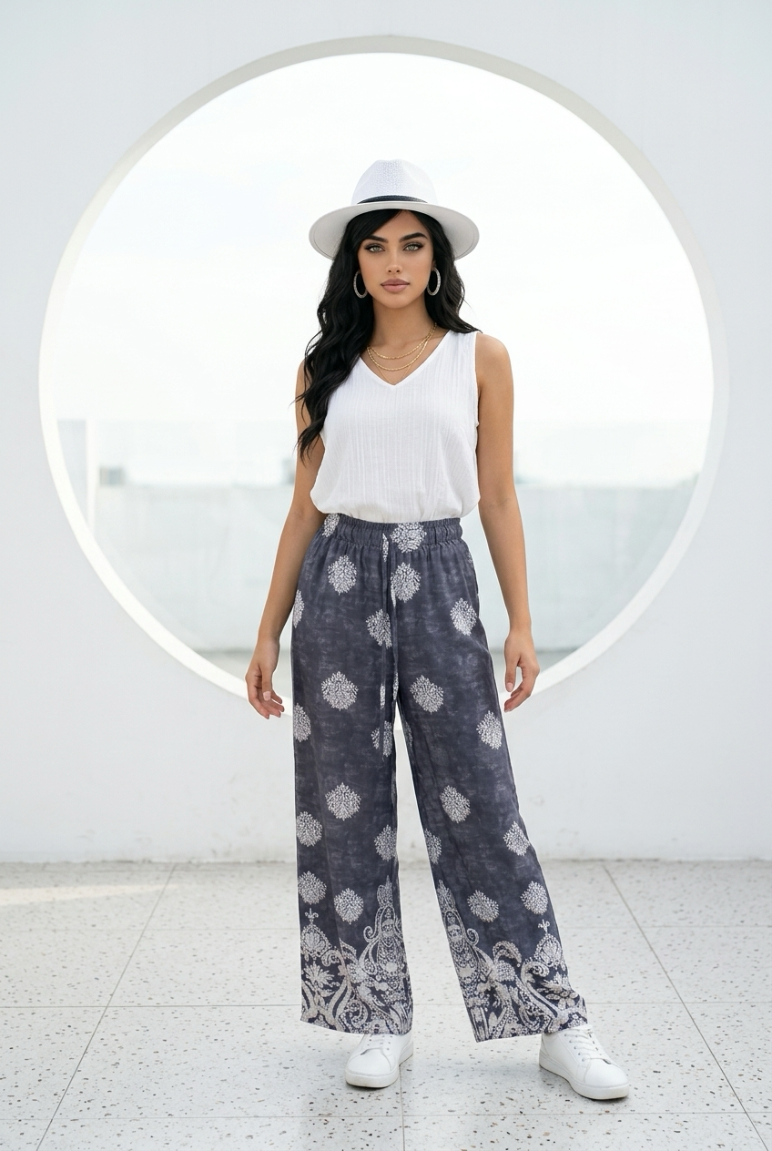 Black Bohemian Printed Drawstring Waist Wide Leg pant