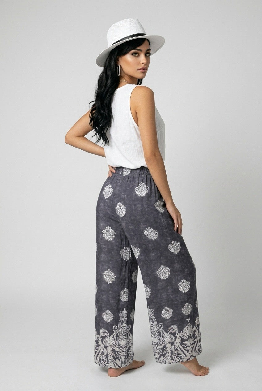 Black Bohemian Printed Drawstring Waist Wide Leg pant