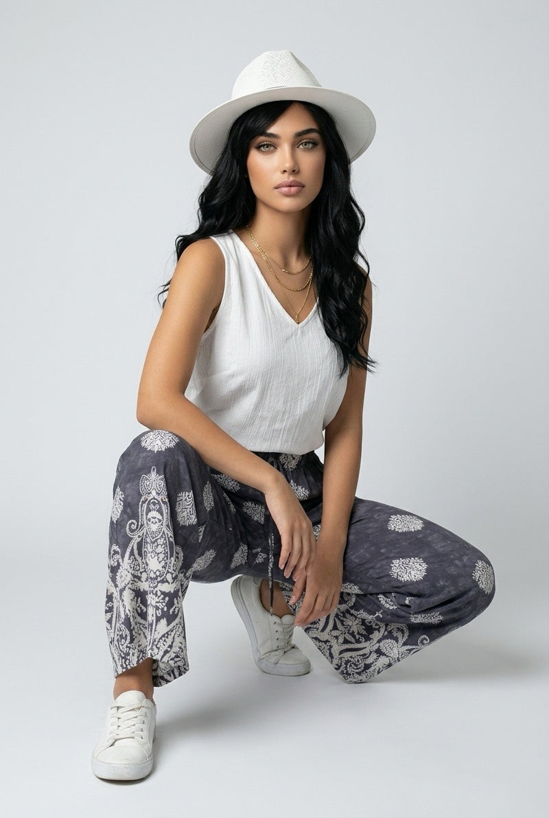 Black Bohemian Printed Drawstring Waist Wide Leg pant