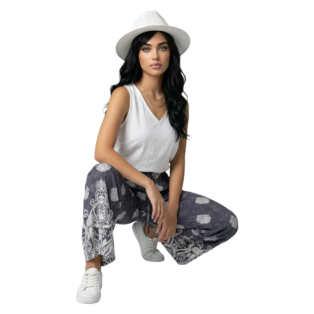Black Bohemian Printed Drawstring Waist Wide Leg pant