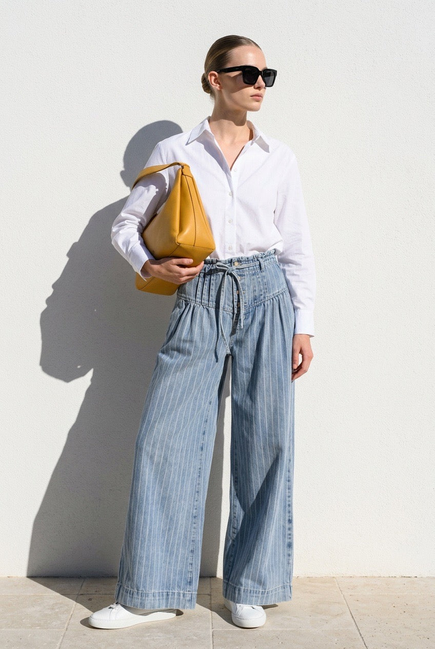 Button Pleated Drawstring Waist Wide Leg Jean