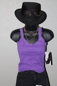 Stretchy Ribbed Seamless Lace Trim Tank Top